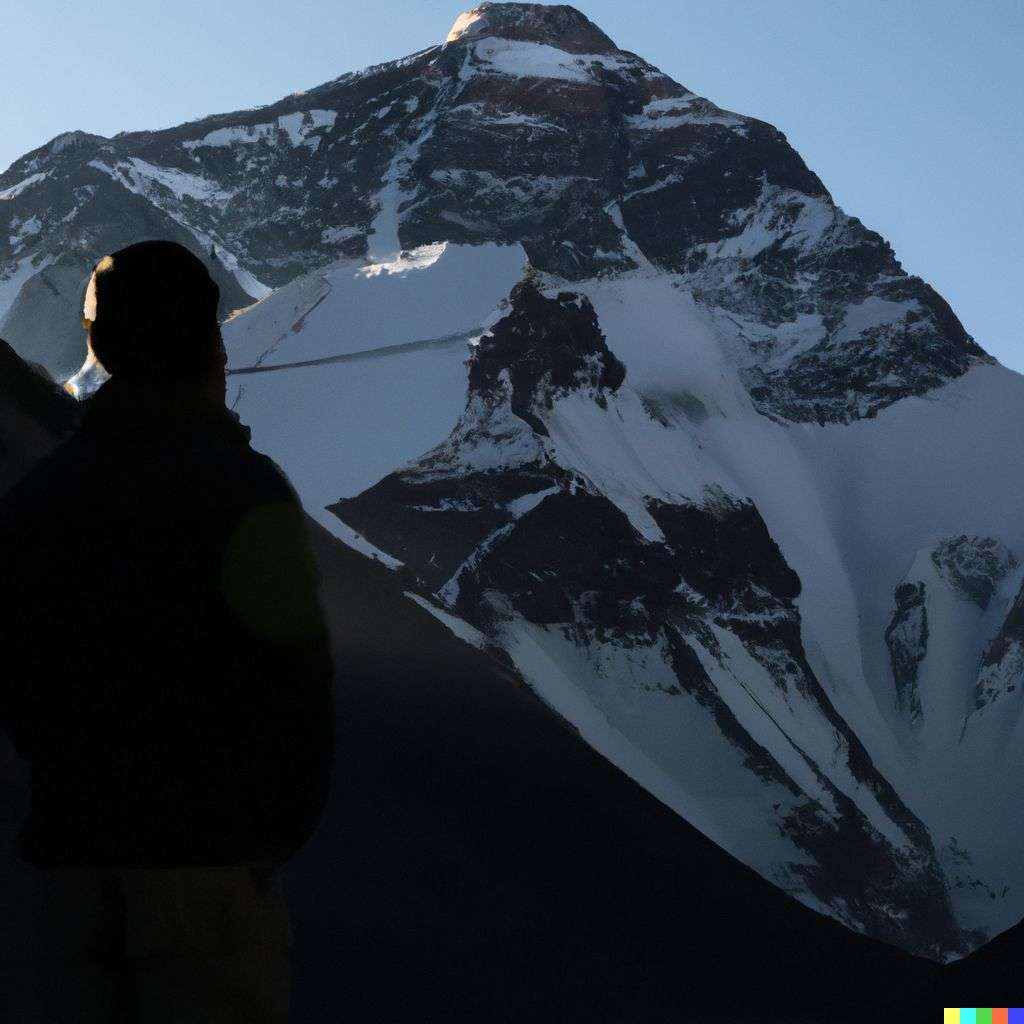 someone gazing at Mount Everest, photograph, backlit lighting